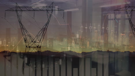 animation of financial data processing over cityscape