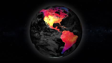 Animation-of-planet-earth-rotating-with-America-USA-thermo-map-showing-temperature-rising-global-warming,-view-from-the-space