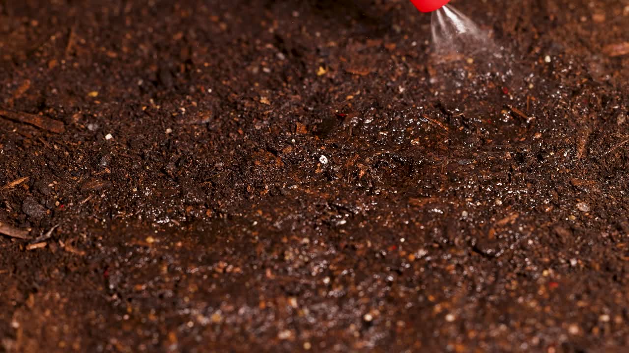 A hand sprays water onto soil, demonstrating moisture application in a controlled environment with close-up focus