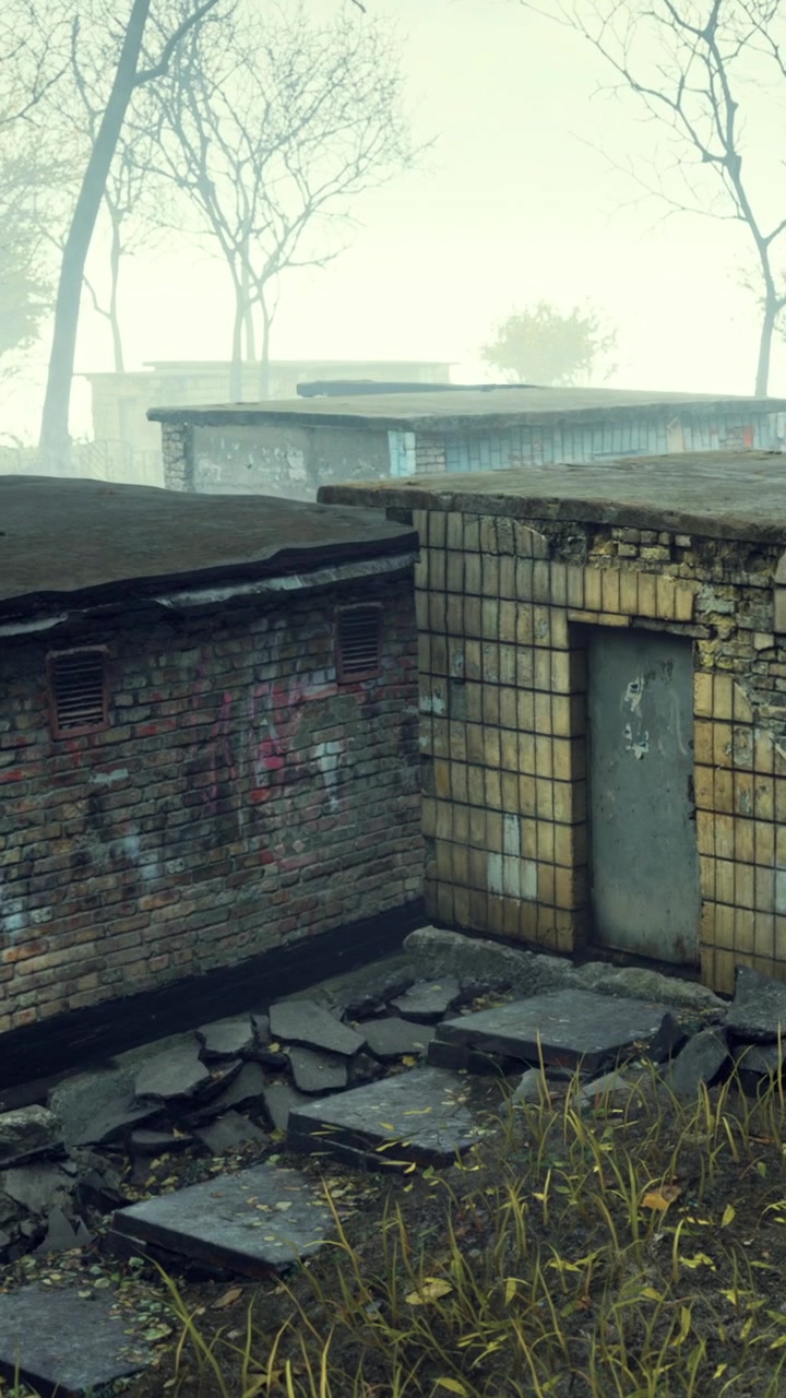 Edificio antiguo con paredes agrietadas y hierba crecida en una zona con niebla