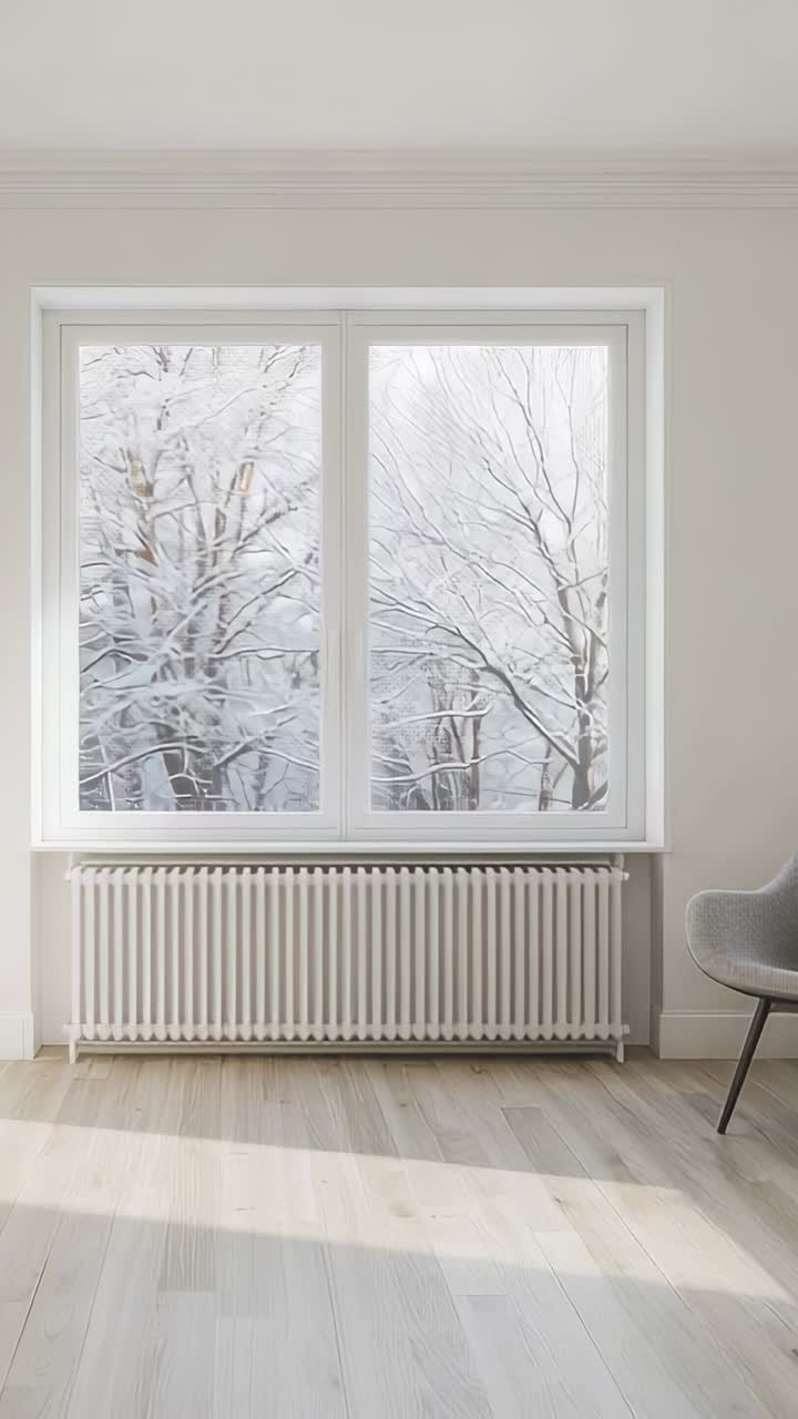 Vertikal video: Omplacering af kameraindramningsvindue og radiator derhjemme, der afslører sneklædte grene