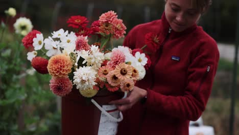 Lächelnde-Junge-Frau-Trägt-Einen-Eimer-Schnittblumen,-Dahlien,-Kosmos-Zinnien