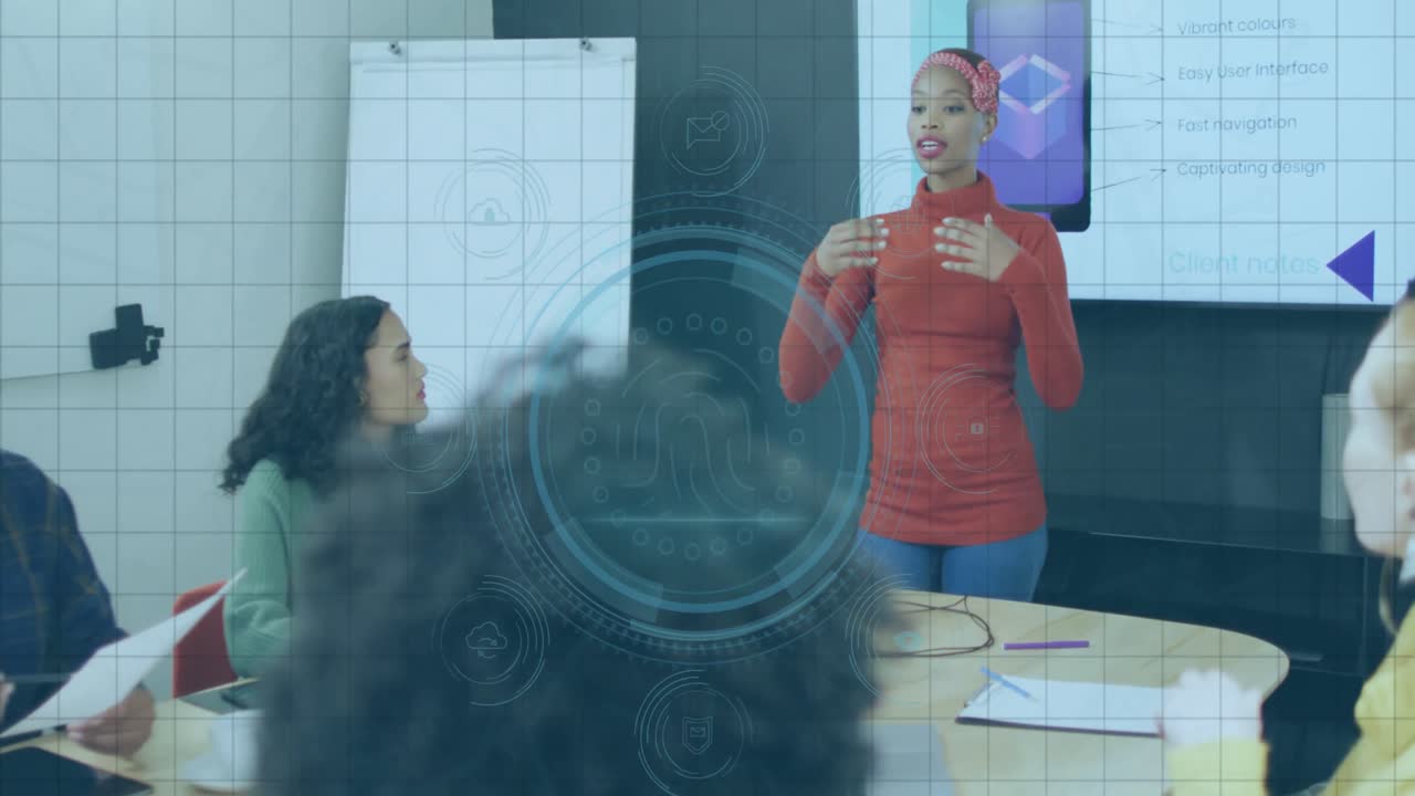 Animation of cyber security data processing over african american woman giving a presentation