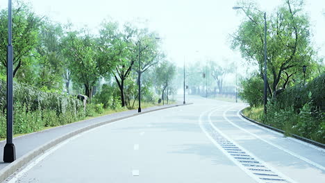 city street with empty road and morning light in europe