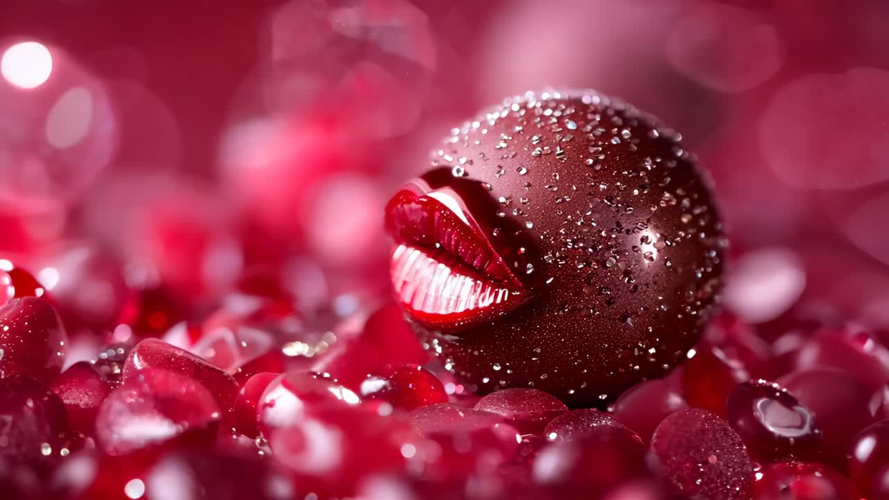 A red chocolate ball with a fake lip on it. The lip is made of chocolate and is placed on top of a red surface. The chocolate ball is surrounded by other chocolate balls, creating a visually appealing