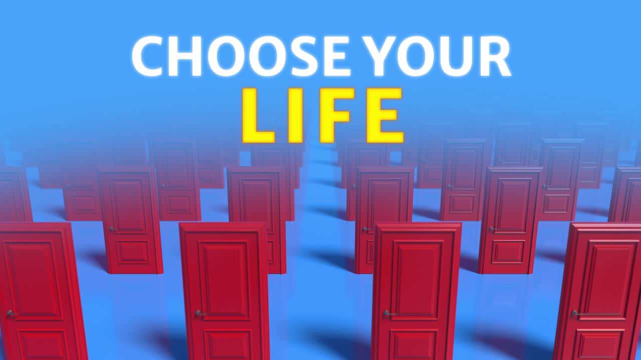 푸른 배경에 은 나무로 된 닫힌 문의 줄, 선택, 사업 및 성공 개념, 환영, 새로운 기회, 안개, 3d 애니메이션 루프, 4k