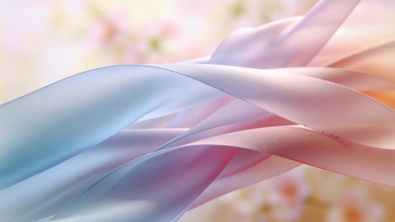 Illuminazione soffusa che rivela nastri di seta che ondeggiano e si separano su un bokeh floreale pastello in studio