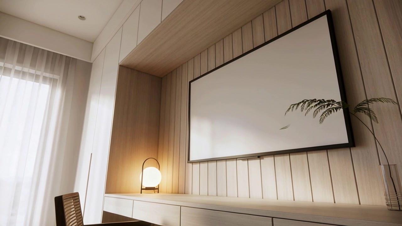 Starting playback, camera approaching built desk in home study, showing warm lamp and blank screen