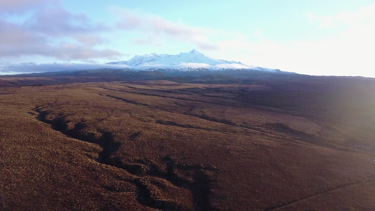 toma aérea de montaña nevada y vastas llanuras cubiertas de hierba