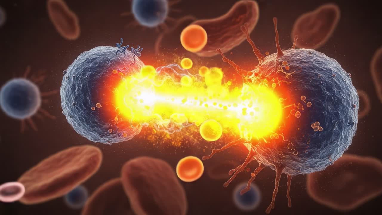 A Visual Representation of Cellular Interaction: An Up-Close Look at Two Cells Engaging in a High-Energy Collision, Highlighting the Dynamics of Cellular Processes