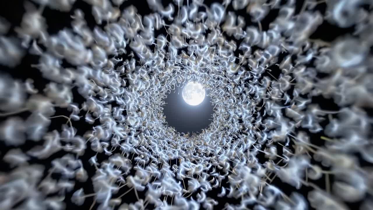 Surreal swarm of birds around moon