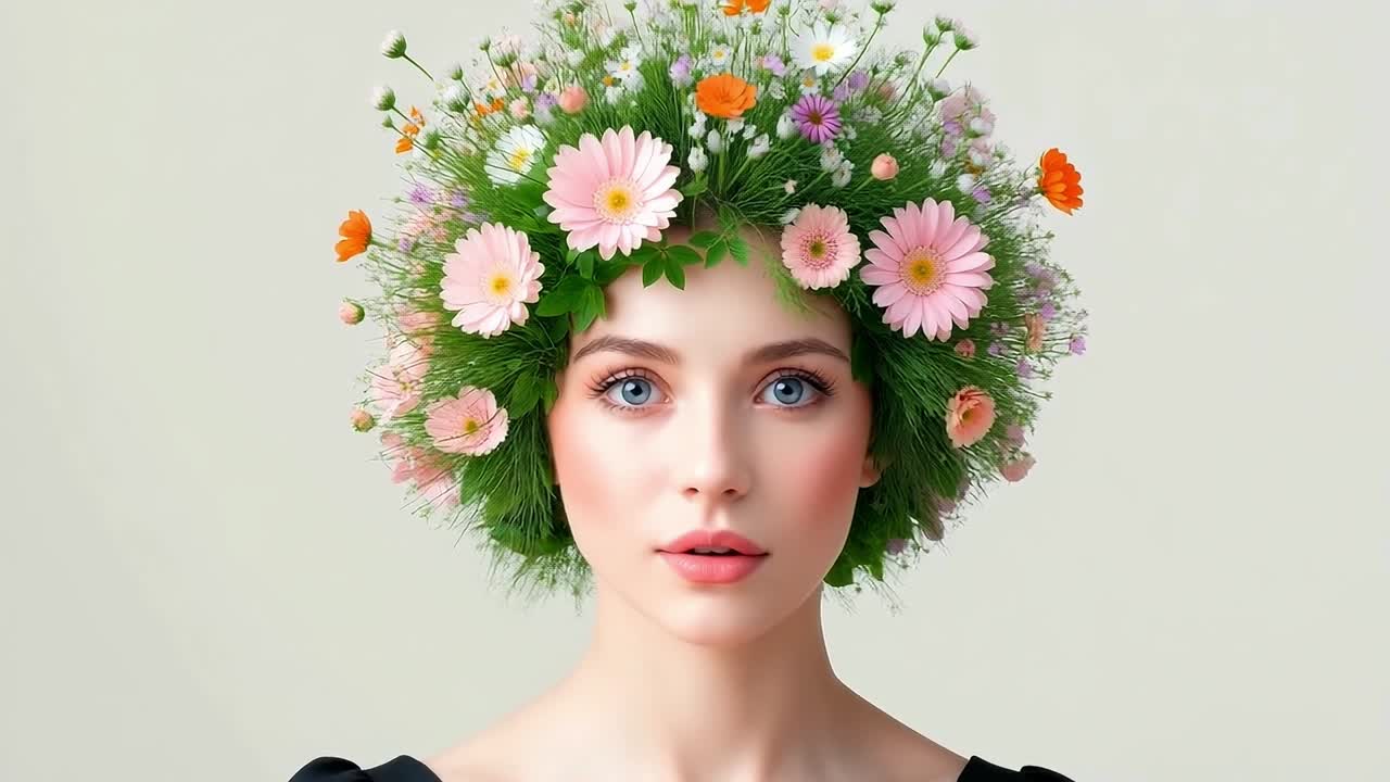 Floral crown for portraits. A young woman poses with a vibrant floral crown made of various flowers and greenery, showcasing a creative hairstyle.