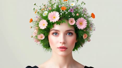 floral crown for portraits. a young woman poses with a vibrant floral crown made of various flowers and greenery, showcasing a creative hairstyle.