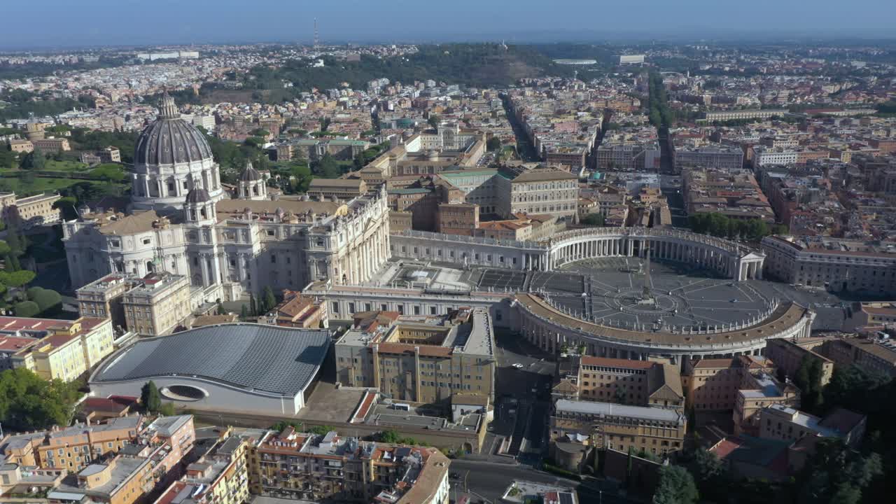 Aerial drone shot soars above Vatican City, revealing St. Peter’s Basilica, its dome and the vast Piazza San Pietro from above