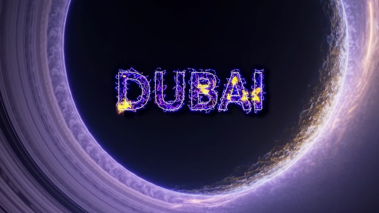 Planet adorned with rings encircling futuristic Dubai lettering, embodying themes of space colonization and advanced technology within a captivating cosmic landscape