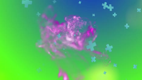 Animation-of-blue-crosses-and-pink-particles-over-changing-colourful-background