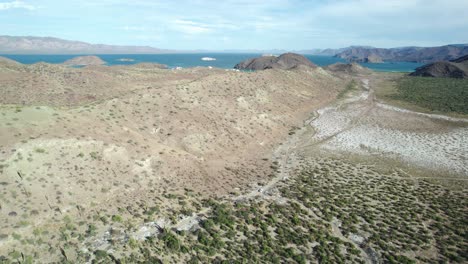 El-árido-Paisaje-Desértico-De-Baja-California-Sur,-México---Toma-Aérea-De-Retroceso