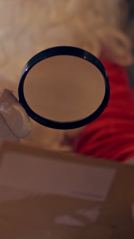 santa claus holding letter. close up of santa claus reading wish list vertical video