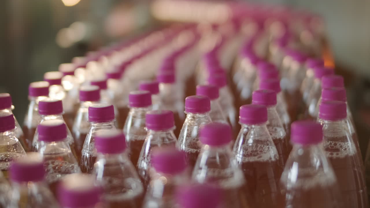 Row of Plastic Bottles on a Production Line