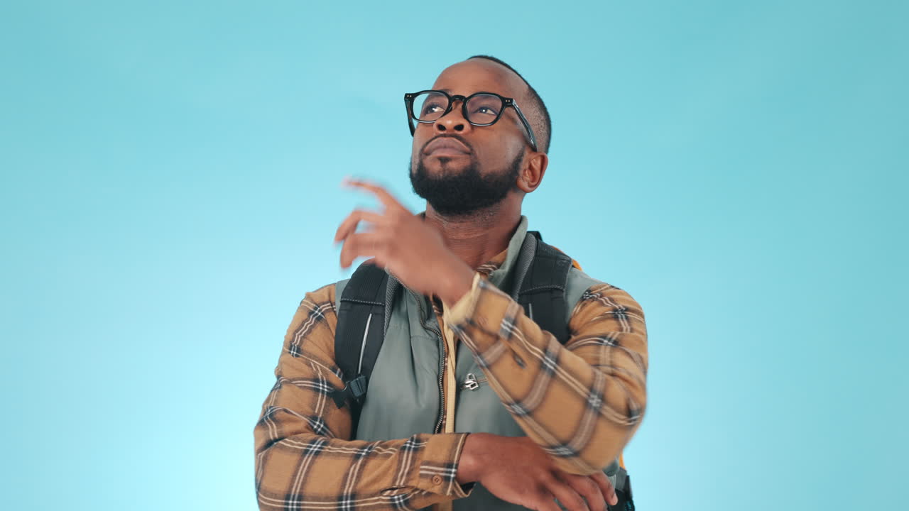 Hiking, thinking and black man on blue background