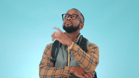 hiking, thinking and black man on blue background