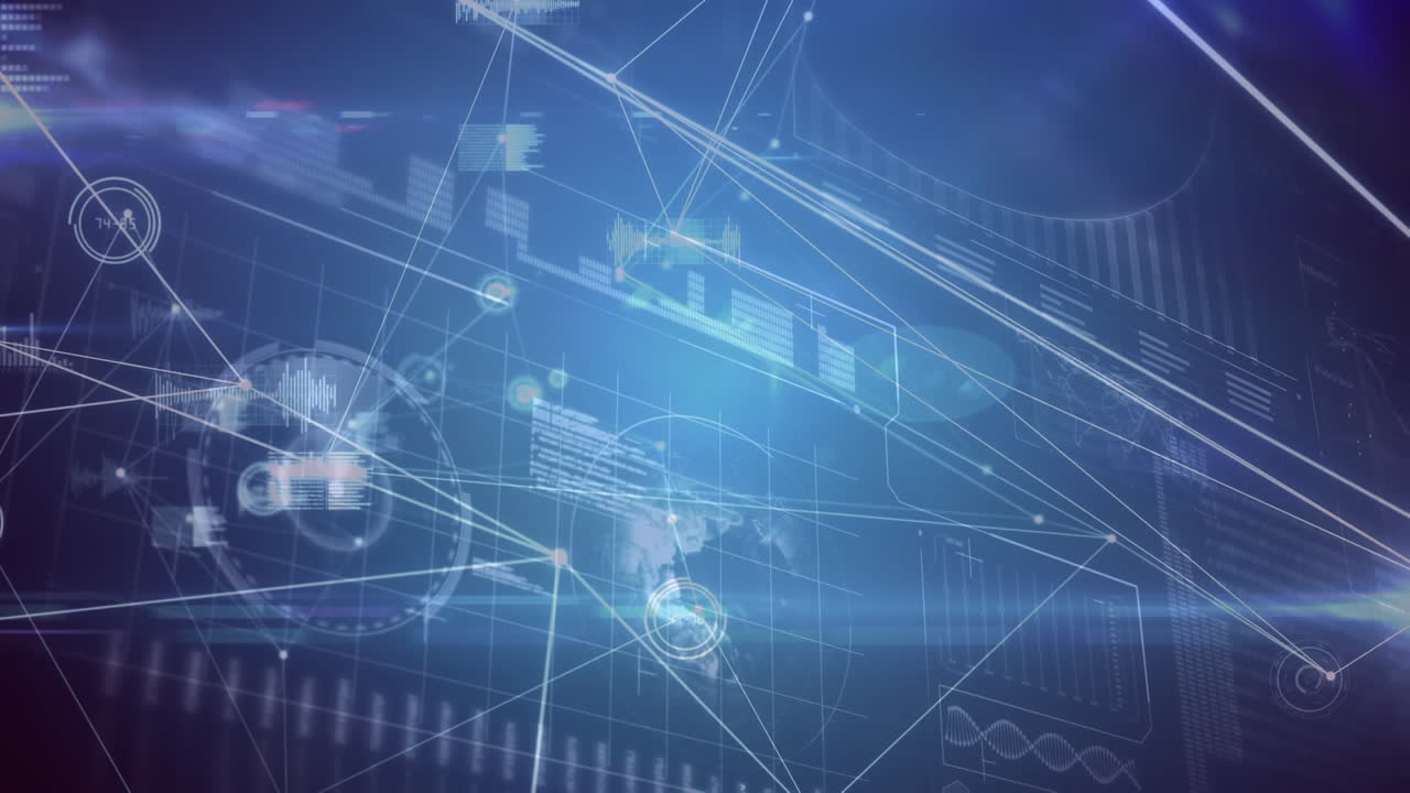 파란색 배경에 데이터 처리를 가진 디지털 인터페이스에 대한 연결 네트워크