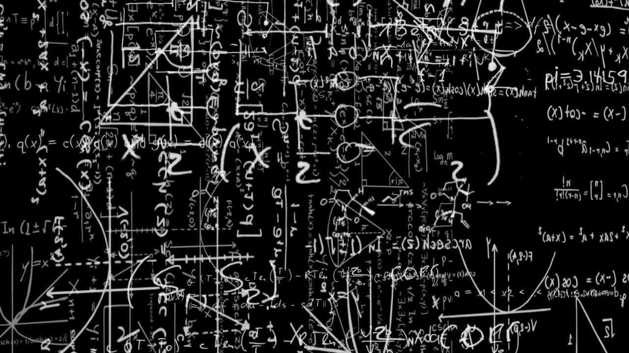 animación de ecuaciones y diagramas matemáticos sobre un fondo negro