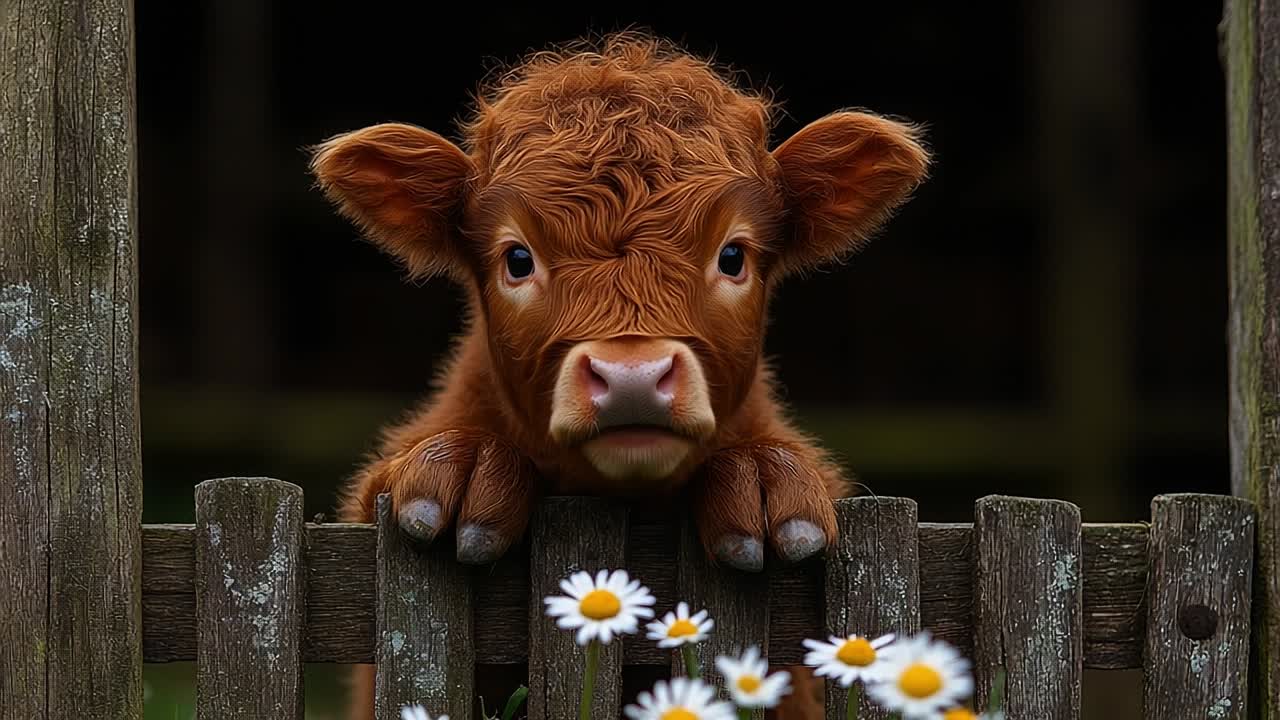 Calf by a wooden fence. A curious calf with fluffy brown fur leans over a rustic wooden fence, surrounded by blooming daisies on a sunny day.