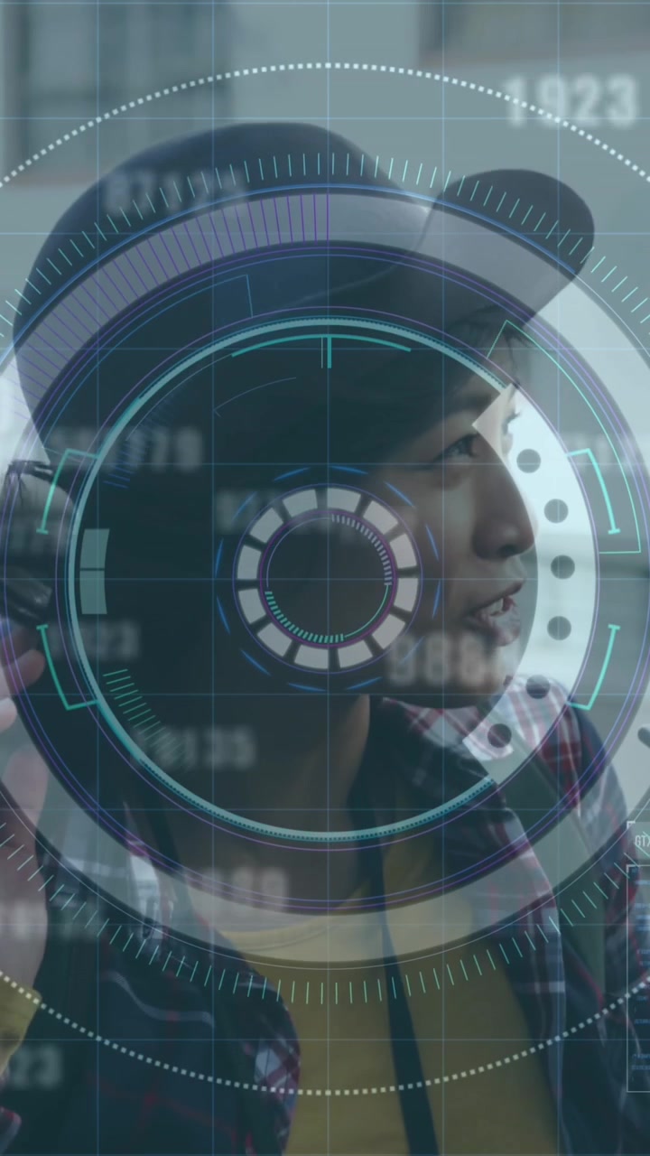 Animation of round scanner and changing numbers over asian woman talking on smartphone on the street