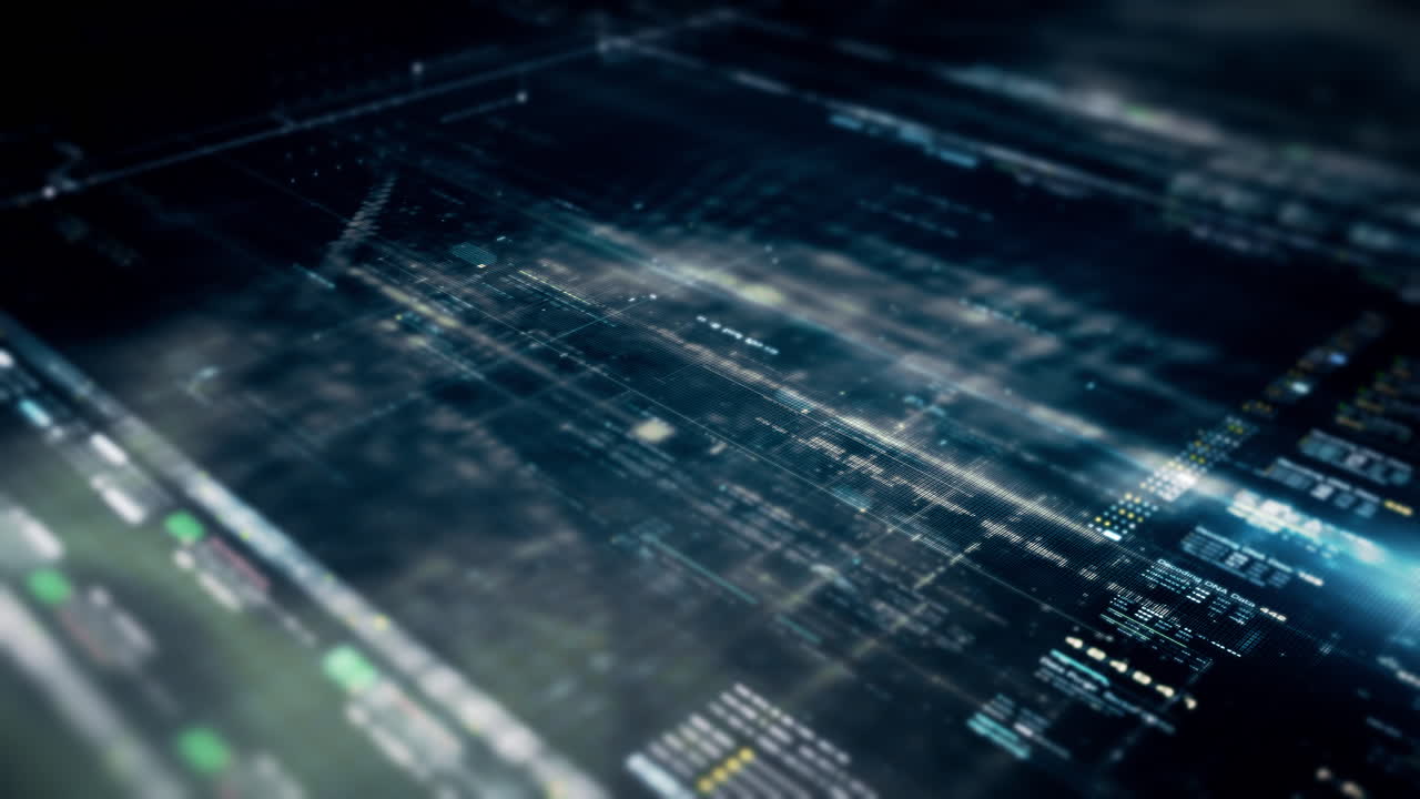 Futuristic abstract de-focus data matrix, meta, metaverse, telemetry and encrypt numbers display with particles simulation in cyber space environment for head up display background