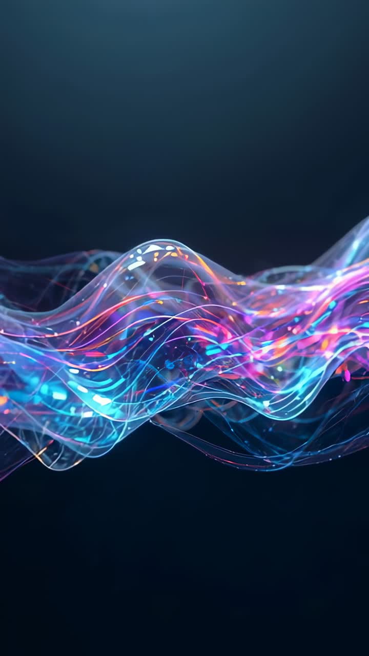Vertical video: Pulsing neon waveform after pulse, crest rising as sparks flowing on dark gradient