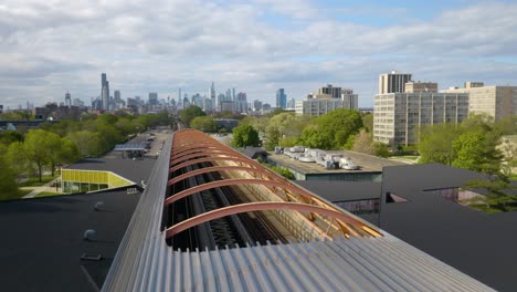 Low-Aerial-Shot-of-Modern-Subway-Tube-Station-in-Chicago,-Illinois