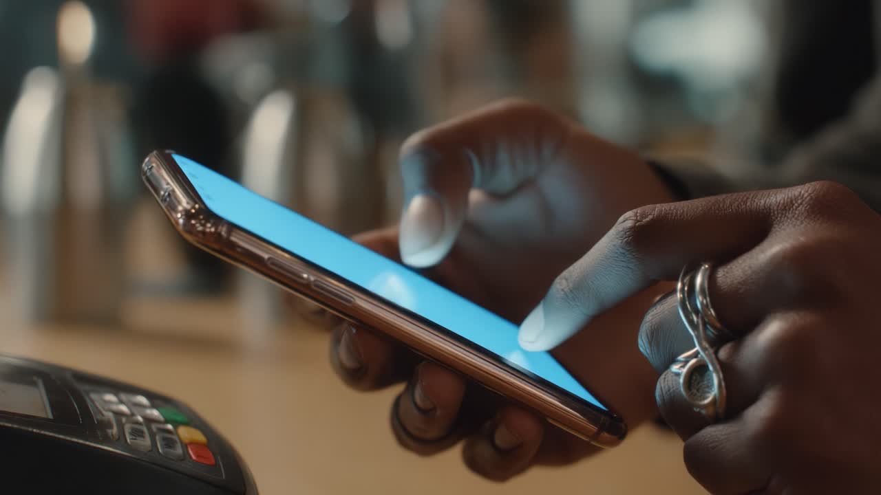 A close-up view of a hand interacting with a smartphone, highlighting the gesture of tapping the screen while engaging with a digital interface in a modern setting