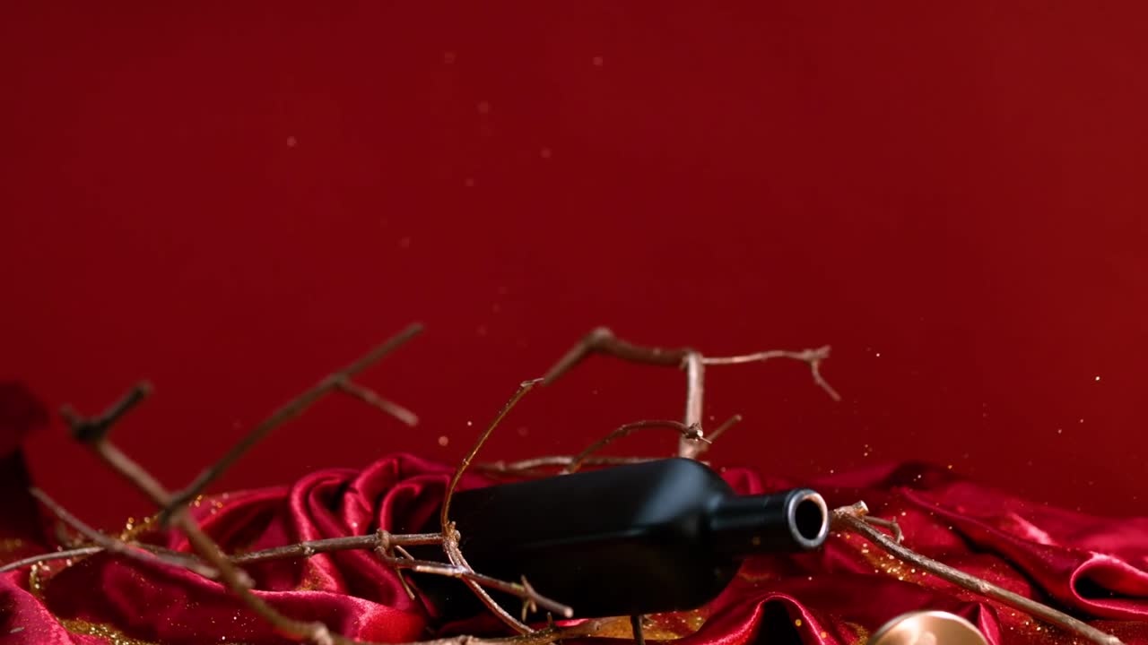 테이블에 부히는 황금색 와인 병과 바람직한 빨간색 직물은 사치와 사치의 개념을 구현합니다.