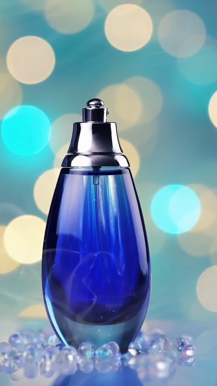 Flacone di profumo blu con liquido vorticoso e sfondo bokeh scintillante.