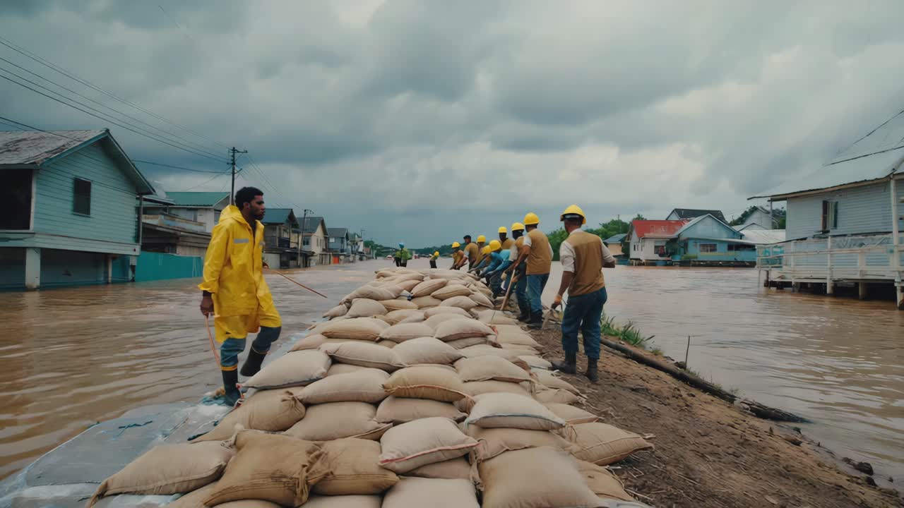 Volunteers filling sandbags to protect houses from flood
