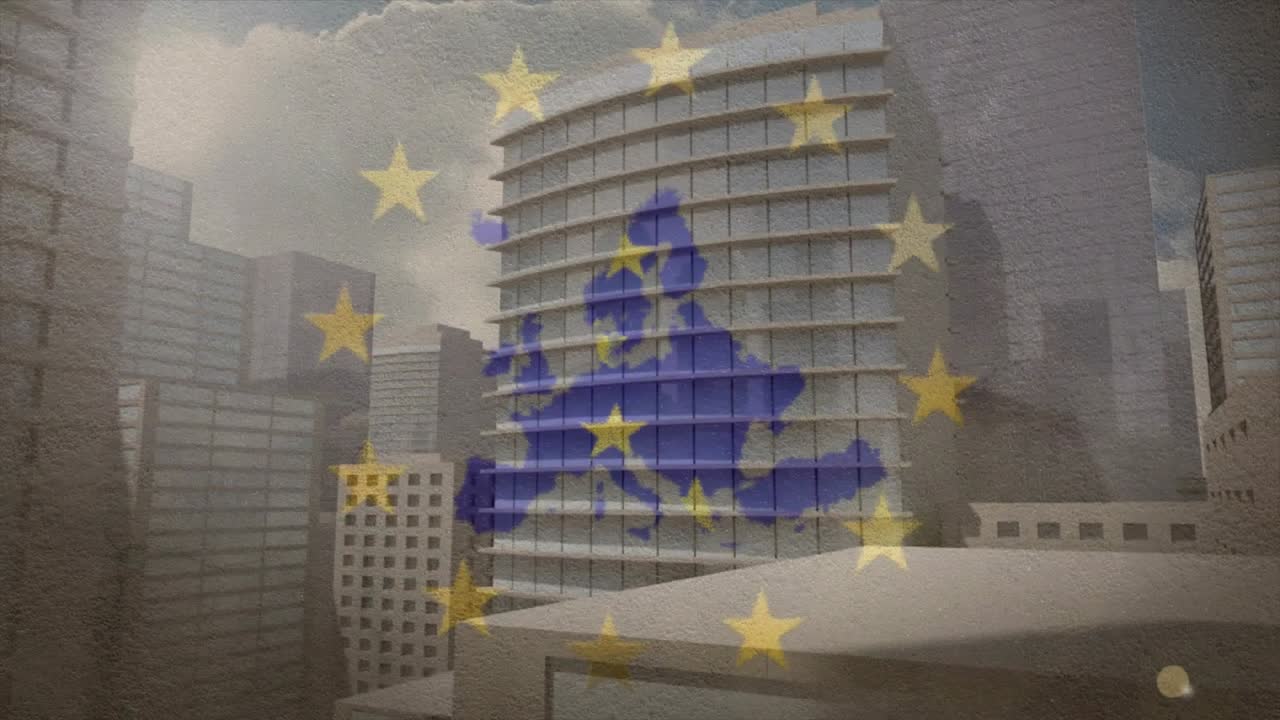 Il sole dell'alba che luccica sui grattacieli causando una dissolvenza della mappa dell'UE, stelle che girano e poi panoramica per mostrare l'unità