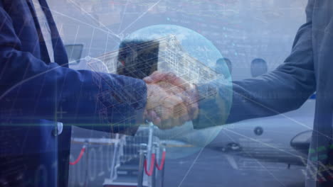animación del procesamiento de datos y el mundo sobre diversas personas de negocios en el aeropuerto