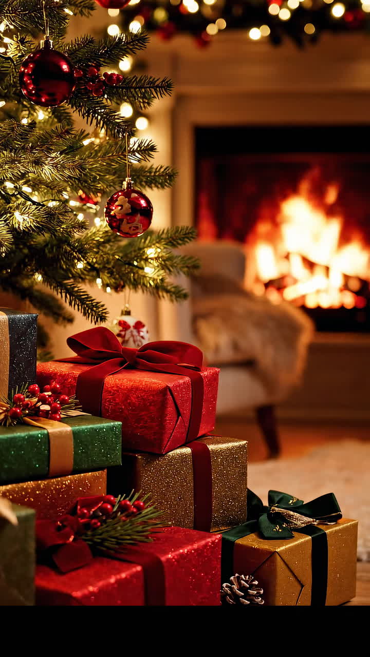 Albero di Natale decorato con regali accanto a un accogliente caminetto