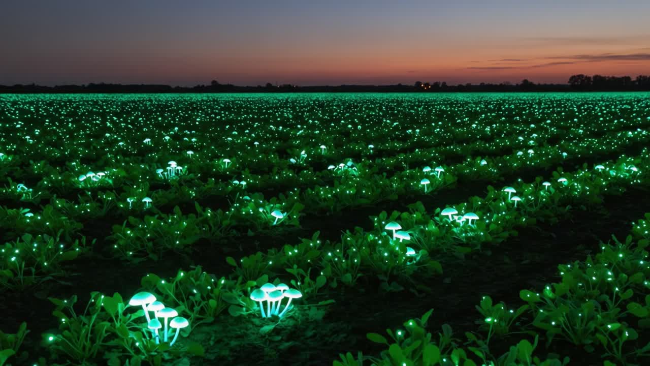 Illuminated Mushrooms Create a Mystical Glow in a Lush Green Field at Dusk, Showcasing the Beauty of Nature and Modern Artistry Combined Under a Twilight Sky