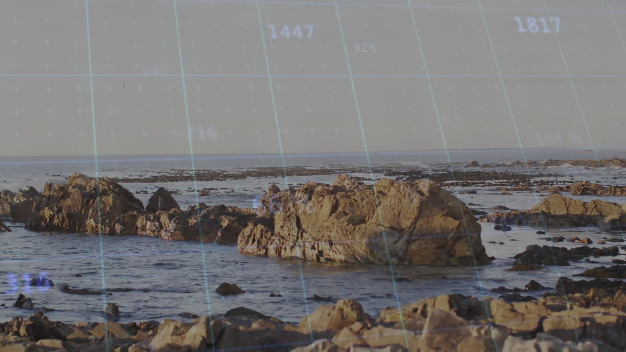 Rocky shoreline being mapped with translucent grid over sunlit boulders in 3D render