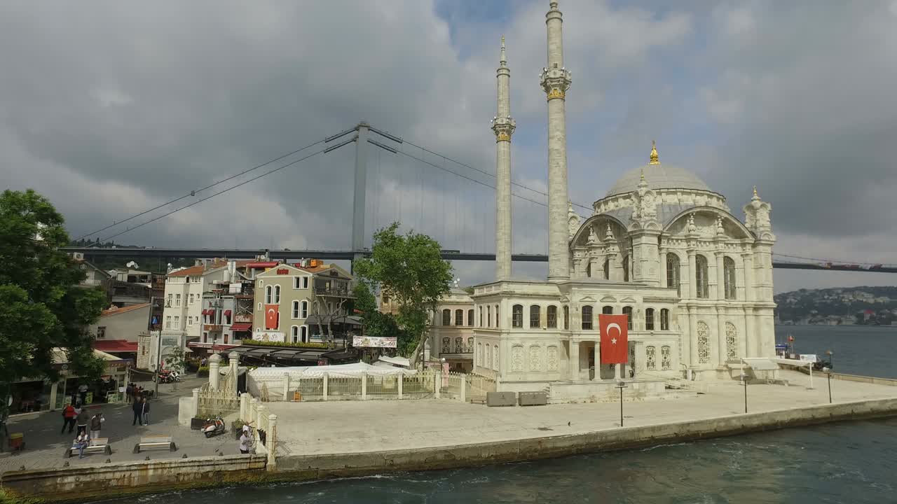 Pier near Ortakoy Mosque in Istanbul. Ottoman Neo-Baroque style Ortakoy Mosque and Bosphorus Bridge at distance