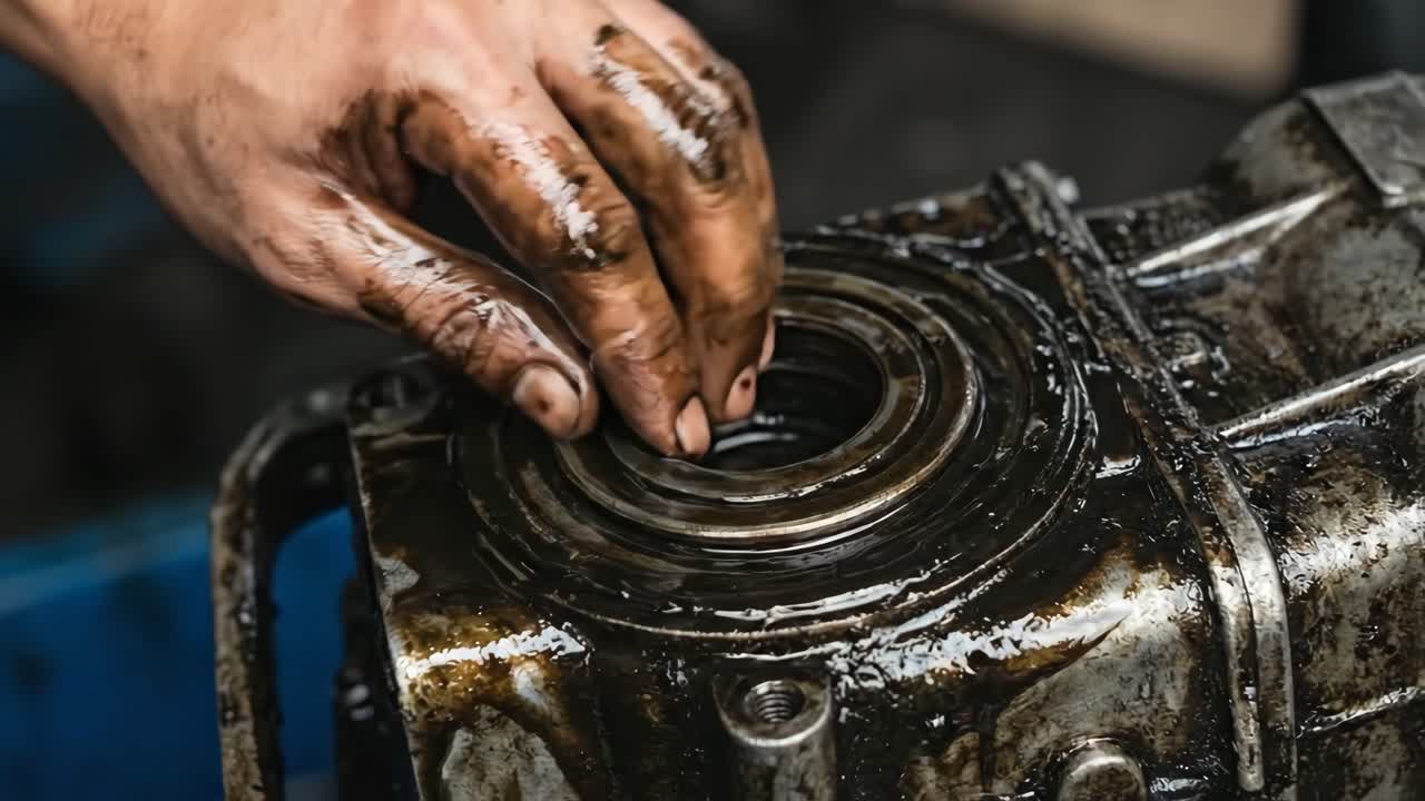 Mechanic's Oily Hand Working on a Greasy Engine Part