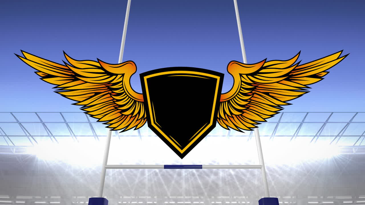 Animazione di un emblema con spazio per il testo su uno stadio di rugby
