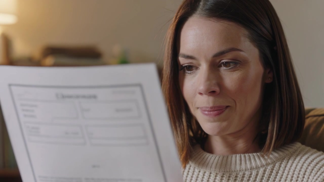 Donna che tiene un foglio stampato, legge ed elabora un documento sul divano, indossando un maglione leggero a maglia.