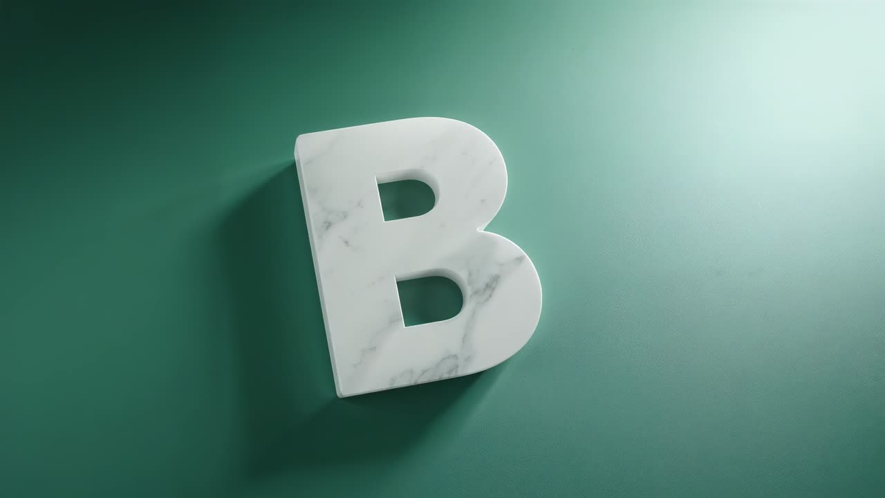 Starting right spotlight beam, white marble letter B showing shifting highlights across teal wall