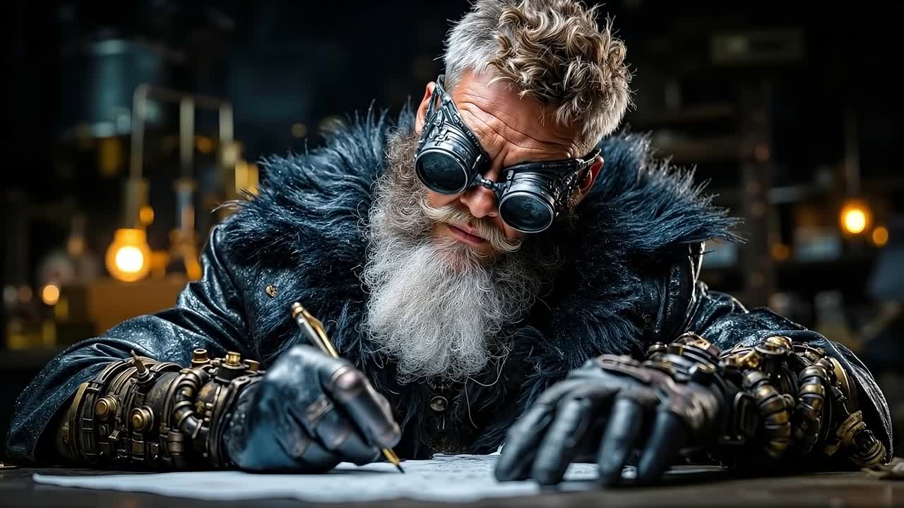 A man with a long white beard and a long beard wearing goggles writing on a piece of paper