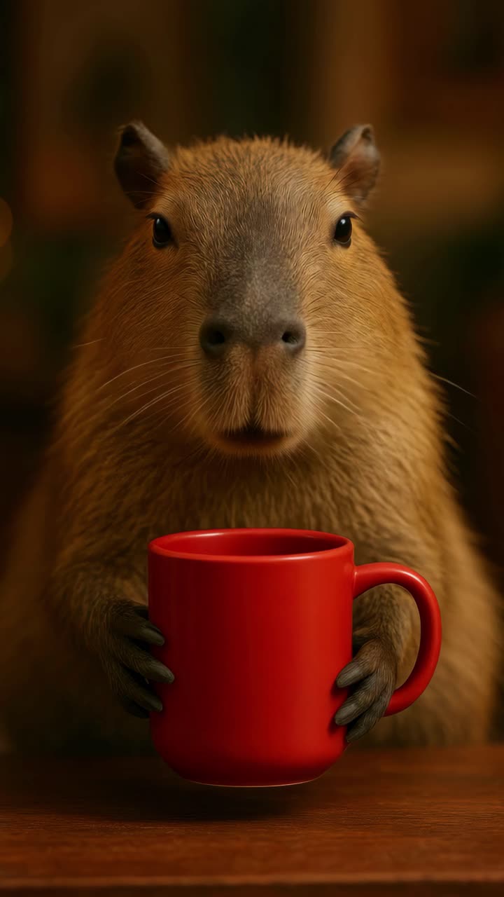 Close-up shot of a capybara holding a red mug, creating a cozy and whimsical atmosphere