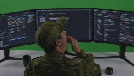 Back View Of Tired Asian Man Soldier Developer Yawning While Write Code With Multiple Computer Screens In Green Screen Studio