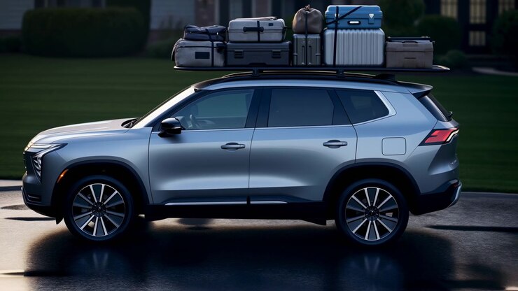 SUV à l'arrêt sur un parking, aux côtés de camping-cars. Peinture métallisée, texture des pneus en caoutchouc. Vue latérale, avec des accents argentés et verts. Ambiance neutre, détails clairs.